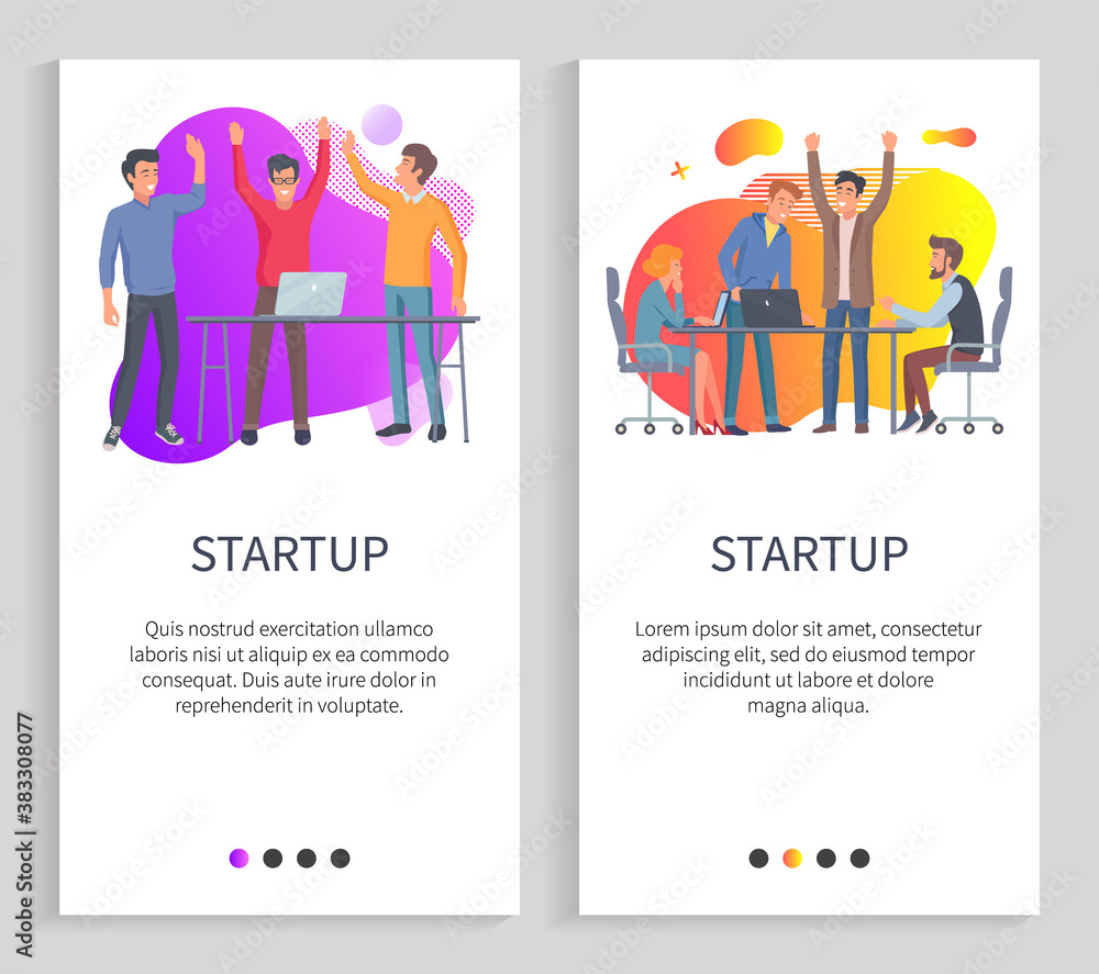 Business startup, success teamwork, happy people with rising hands, colleagues on workplace, work with laptop, professional and development vector. Website or slider app, landing page flat style