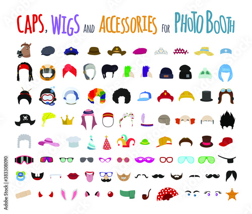 Pelucas, sombreros, gorras, gafas, barbas, bigotes, y otros divertidos accesorios. Juego de simpáticas pegatinas para decorar tus fotos.