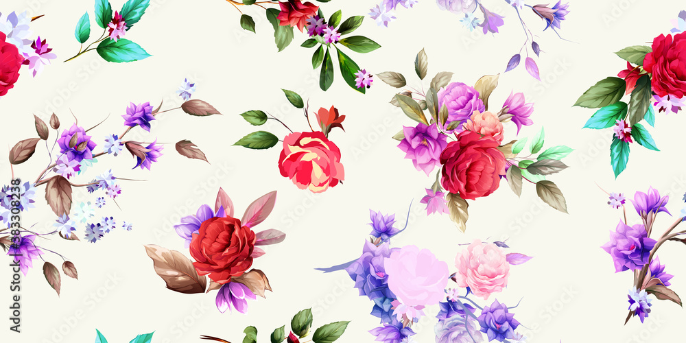 Wide vintage seamless background pattern. Peony, wild flowers with leaf on white. Watercolor, abstract, hand drawn, vector - stock.