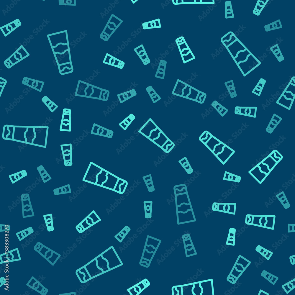 Green line Tube of toothpaste icon isolated seamless pattern on blue background. Vector. Green line Tube of toothpaste icon isolated seamless pattern on blue background. Vector.