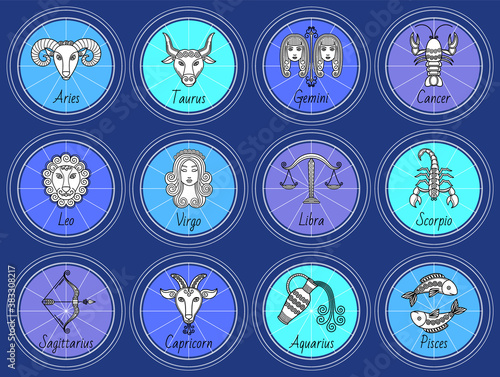 Set of zodiac signs Aries and Taurus, Gemini and Cancer, Leo and Virgo, Libra and Scorpio, Sagittarius and Aquarius, Pisces isolated round icons with horoscope symbols. Astrological collection, vector