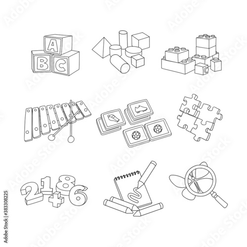 Juguetes de guardería. Juegos educativos de letras, memoria, geometría, música, números, etc. Ilustración vectorial en blanco y negro.