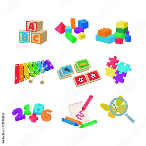 Juguetes de guardería. Juegos educativos de letras, memoria, geometría, música, números, etc. Ilustración vectorial aislado sobre fondo blanco.