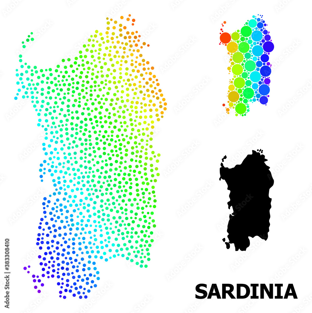 Pixel rainbow gradient, and monochrome map of Sardinia region, and black name. Vector structure is created from map of Sardinia region with spheres. Collage is useful for geographic purposes.