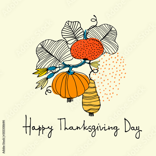 Thanksgiving Day greeting card in sketchy style with pumpkins isolated on lightbackground. Hand drawn vector illustration, hand lettering photo