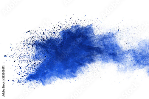 Blue powder particle splash isolated on white background.