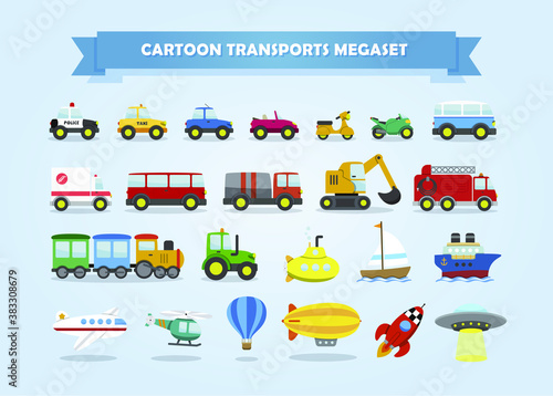 Megapack de vehiculos. Coches, camiones, motocicletas y otros transportes. Ilustración vectorial con estilo infantil.