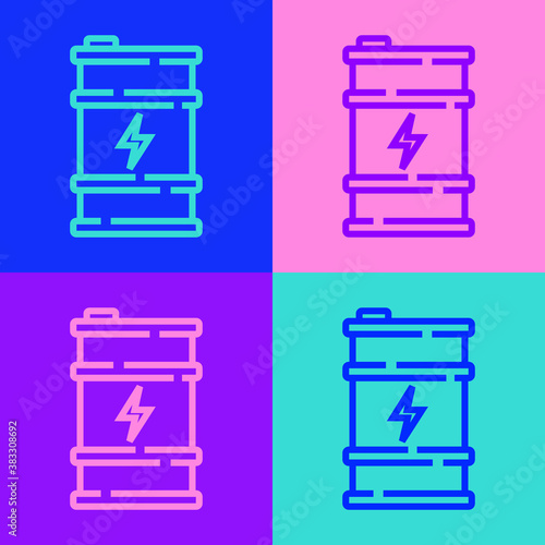Pop art line Bio fuel barrel icon isolated on color background. Eco bio and canister. Green environment and recycle. Vector.