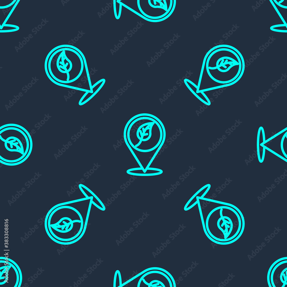 Green line Location with leaf icon isolated seamless pattern on blue background. Eco energy concept. Alternative energy concept. Vector. Green line Location with leaf icon isolated seamless pattern on blue background. Eco energy concept. Alternative energy concept. Vector.