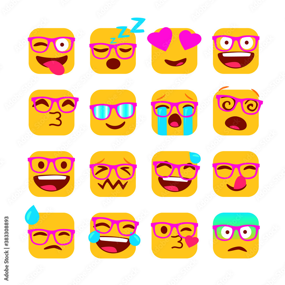 Geek emoji with glasses. Isolated vector Illustration. Flat style