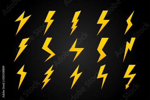 Lightning bolt yellow icons on a dark background. Lightning strike. Collection of thunderbolts