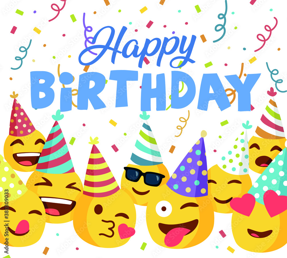 Happy Birthday greeting card with emojis. Stock Vector | Adobe Stock