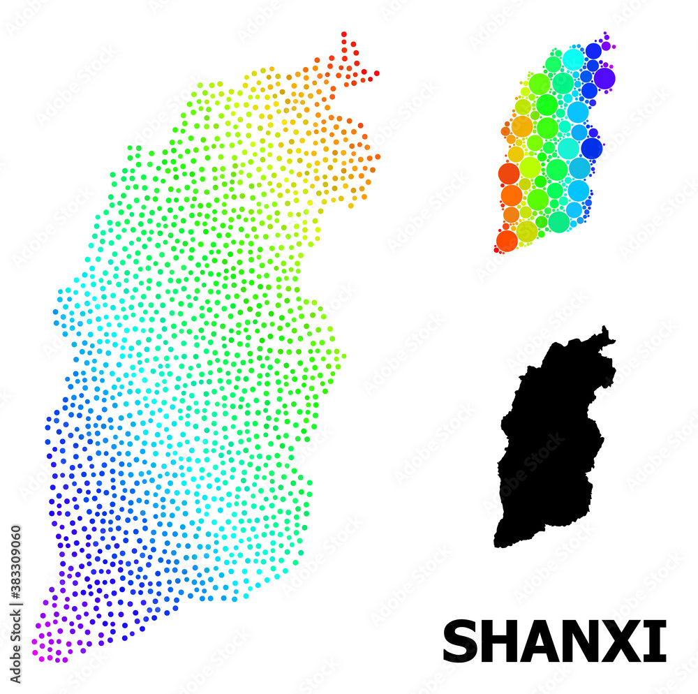 Dot bright spectral, and solid map of Shanxi Province, and black name. Vector model is created from map of Shanxi Province with circles. Template is useful for geographic posters.