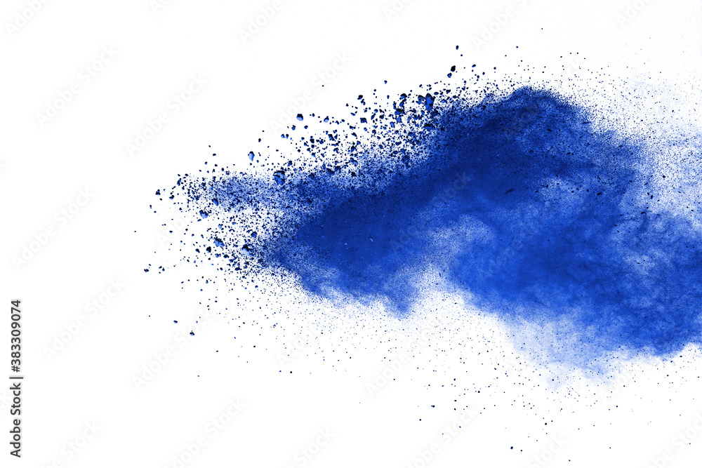 Blue powder particle splash isolated on white background. Blue powder particle splash isolated on white background.