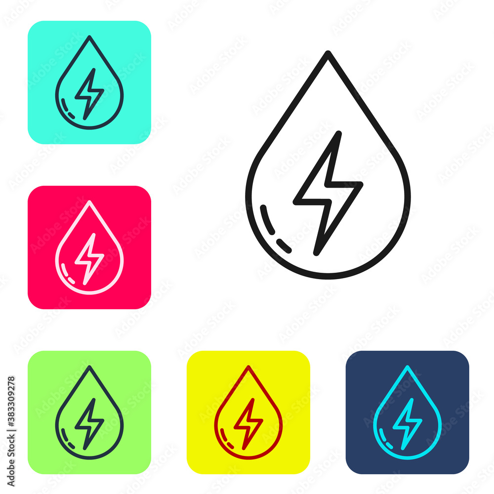 Black line Water energy icon isolated on white background. Ecology concept with water droplet. Alternative energy concept. Set icons in color square buttons. Vector. Black line Water energy icon isolated on white background. Ecology concept with water droplet. Alternative energy concept. Set icons in color square buttons. Vector.