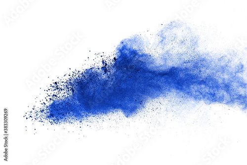 Blue powder particle splash isolated on white background.