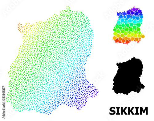 Pixelated spectrum, and solid map of Sikkim State, and black tag. Vector structure is created from map of Sikkim State with round dots. Illustration is useful for geographic posters.