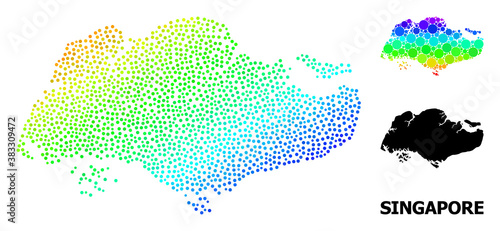 Pixelated rainbow gradient, and monochrome map of Singapore, and black title. Vector structure is created from map of Singapore with round dots. Template designed for geographic aims.