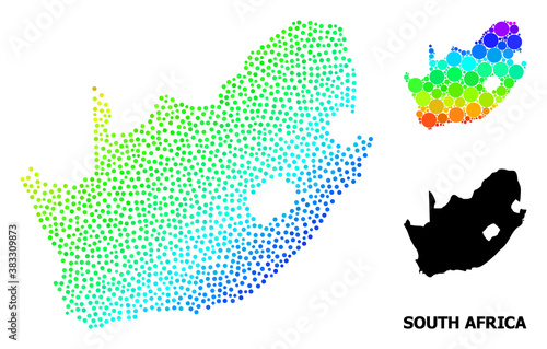 Pixelated bright spectral, and solid map of South African Republic, and black title. Vector structure is created from map of South African Republic with circles.