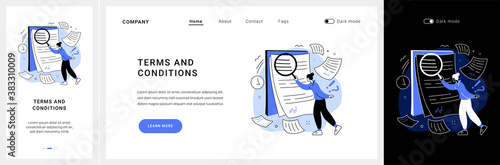 Terms and conditions website UI kit. Legal notice, user terms and conditions, website menu bar, web element, information page, registration process, accept landing and mobile app vector UI template. photo