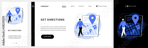 Get directions website UI kit. Company address, contact us page, website menu bar, navigation, maps and location, customer information, user experience landing and mobile app vector UI template.