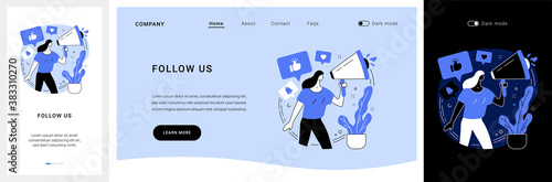 Follow us website UI kit. Follow us on social media, subscribe for newsletter, get connected, business website tab, menu bar, stay in touch, UI element landing and mobile app vector UI template.