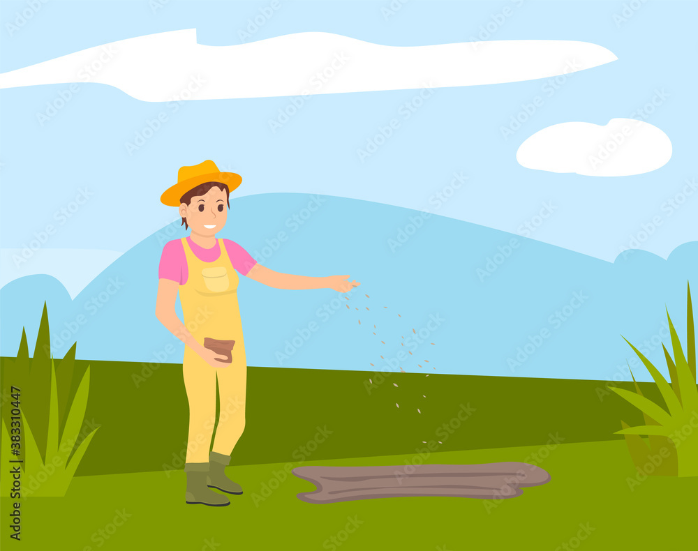 Woman agricultural worker wearing coveralls and rubber boots working on the field, pouring the seeds to the ground. The farmer sowing the seeds for the future harvest. Spring sowing concept vector