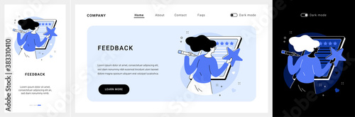 Feedback website UI kit. Corporate website, menu bar, customer feedback page, leave you opinion, site navigation, user experience, web element, impression landing and mobile app vector UI template.