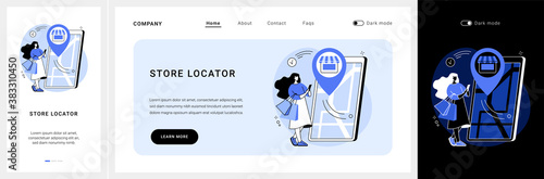 Store locator website UI kit. GPS navigation, online map, store locations, corporate website menu bar, office locator, UI, web element, where to find us landing and mobile app vector UI template.