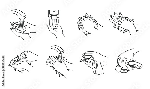 Ilustración vectorial de cómo lavarse las manos correctamente. Solo linea