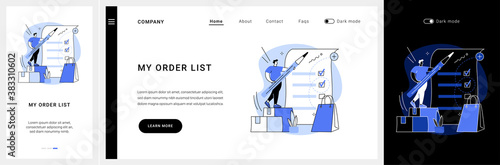 My orders list website UI kit. Shopping list ID, customer name, add items to cart, ecommerce website menu, online store, curbside pickup, shopping cart landing and mobile app vector UI template.