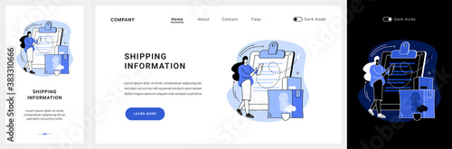 Shipping information website UI kit. Online retailer website menu, international delivery details, customer information, user experience, shipping cost landing and mobile app vector UI template.