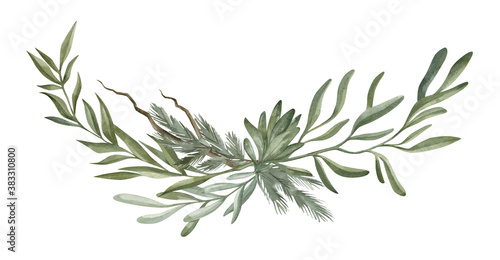Watercolor composition with green winter leaves, branches, berries, eucalyptus. Christmas bouquet isolated on white background. Aesthetic illustration for wedding, business card, promotions