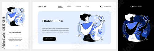 Franchising website UI kit. Business strategy, intellectual property, branded product, initial fee, trademark ambassador, buy franchise, market share landing and mobile app vector UI template.