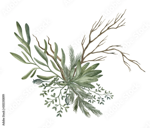 Watercolor composition with green winter leaves, branches, berries, eucalyptus. Christmas bouquet isolated on white background. Aesthetic illustration for wedding, business card, promotions