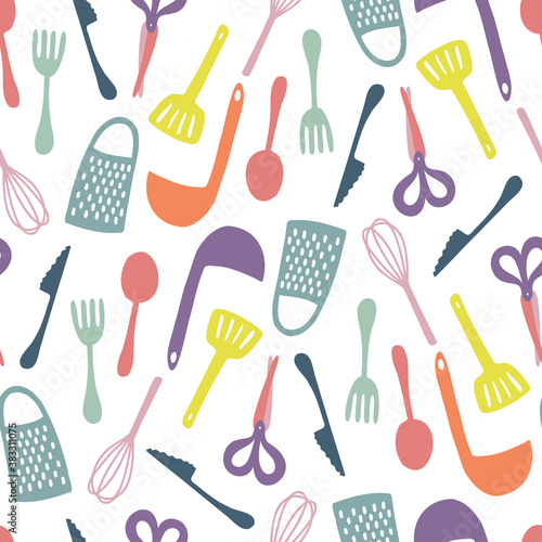 Seamless vector abstract colorful pattern of kitchen supplies