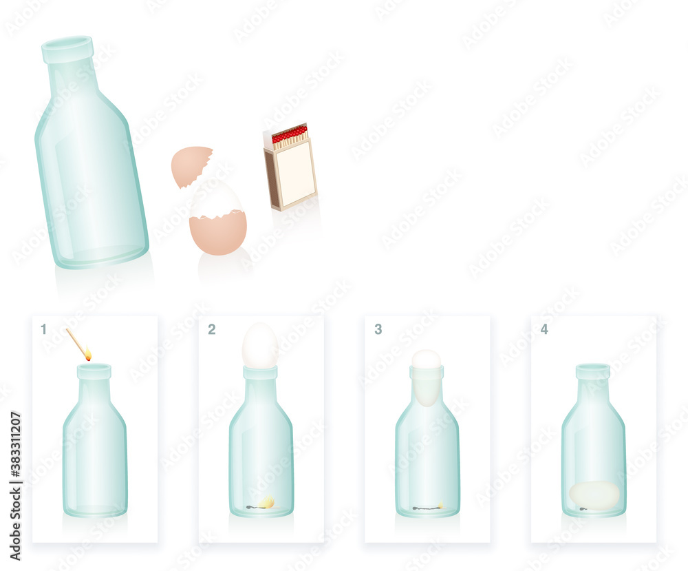 Physical school experiment with boiled egg sucked into a bottle because of vacuum caused by falling temperature. Procedure and solution in four steps. Vector on white.
Physical school experiment with boiled egg sucked into a bottle because of vacuum caused by falling temperature. Procedure and solution in four steps. Vector on white.