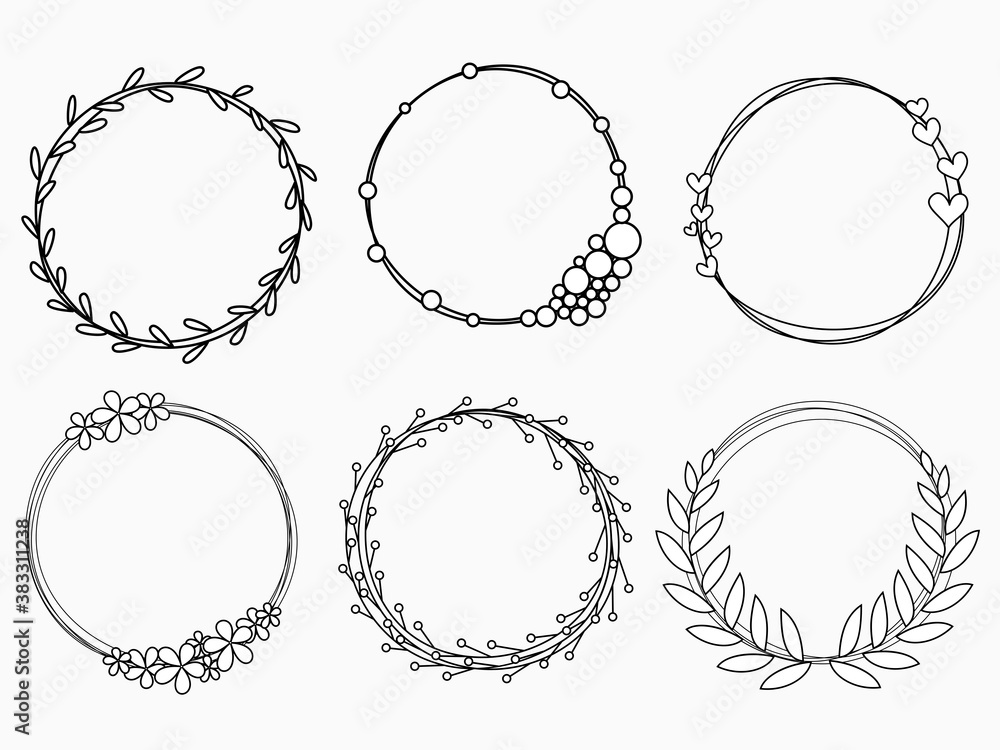 isolated set of minimal floral wreath childish hand drawing black and white colour simple thin lines for background, banner, texture, wallpaper, template, frame, card, cover etc. vector design isolated set of minimal floral wreath childish hand drawing black and white colour simple thin lines for background, banner, texture, wallpaper, template, frame, card, cover etc. vector design