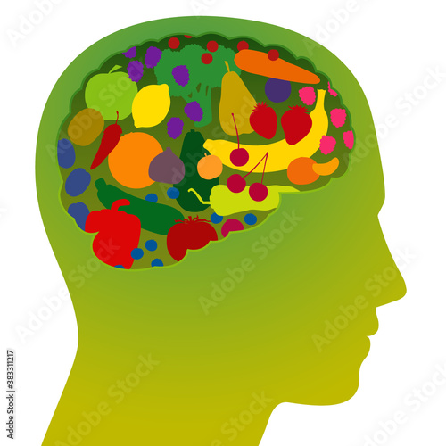 Brain with colorful fruits and vegetables, as a symbol for healthy, nutritious, vitamin rich food for health conscious vegans and vegetarians. Vector illustration on white background.
