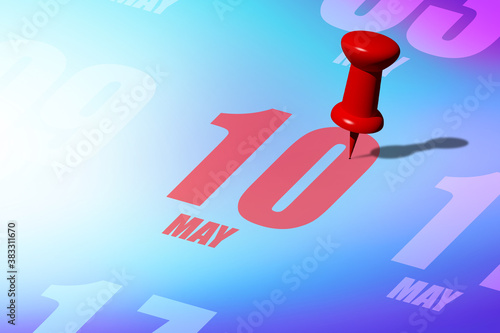 may 10th. Day 10 of month, Red date written and pinned on a calendar to remind you an important event or possibility. spring month, day of the year concept