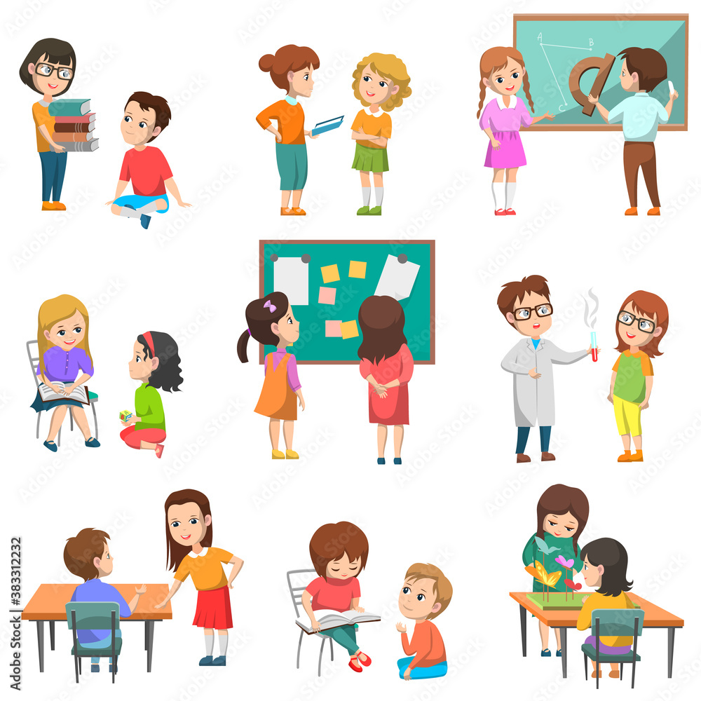 Education vector, isolated set of schoolchildren with teachers. Chemistry and geometry lessons, projects made in pairs, students reading books, back to school concept. Flat cartoon Education vector, isolated set of schoolchildren with teachers. Chemistry and geometry lessons, projects made in pairs, students reading books, back to school concept. Flat cartoon