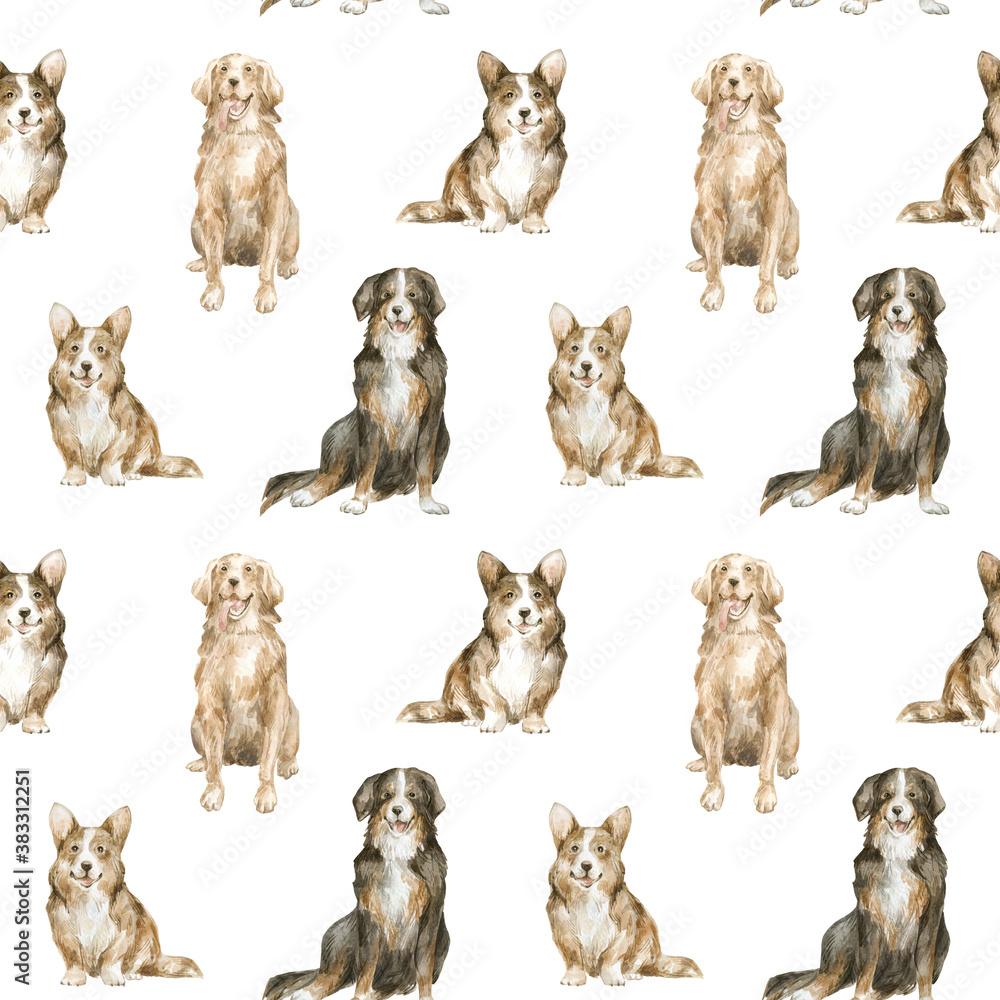 Watercolor seamless pattern with cute dogs, corgi, retriever, bernese mountain dog. Cute background with home pet. Nursery design for children textile, print, cover, wallpaper