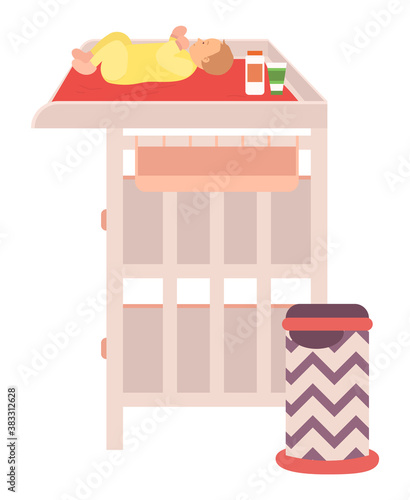 Infant lying on changing table, side view of baby wearing sliders, bedroom element, urn and cosmetics objects, newborn character, childhood vector