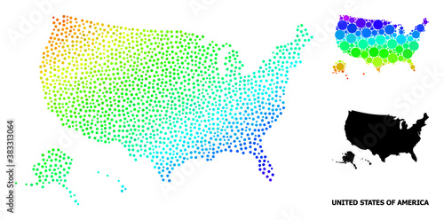 Pixelated rainbow gradient, and solid map of USA territories, and black text. Vector structure is created from map of USA territories with round dots. Illustration for geographic aims.