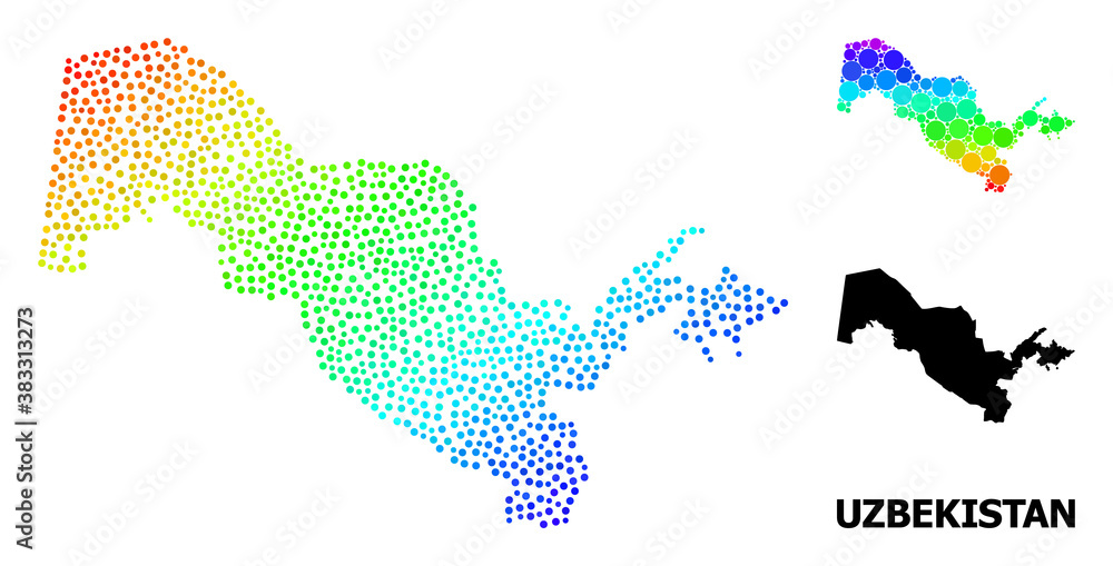 Dotted spectrum, and monochrome map of Uzbekistan, and black title. Vector model is created from map of Uzbekistan with round dots. Illustration is useful for geographic ads.