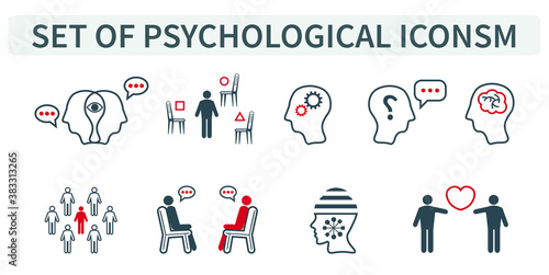 Vector illustration of a group, a set of icons, miniature infographics in one style, personality psychology and counseling . Web icons.
