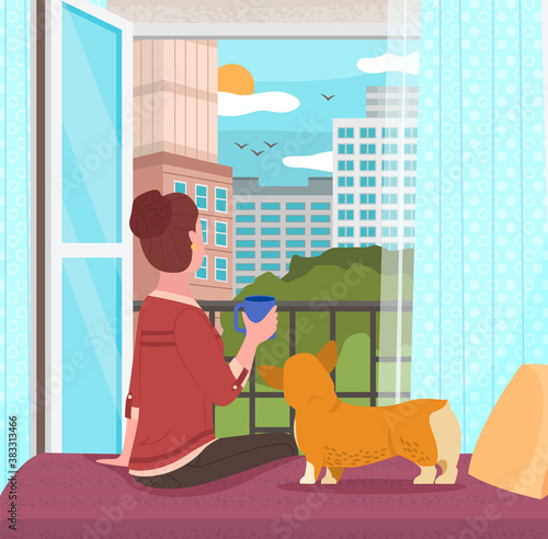 Woman sitting on windowsill at home with her corgi dog looking out the window, relaxing drinking tea. Female character rest in cozy interior vector. Spend time at home enjoy the beautiful scenery