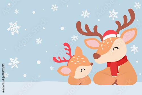 Vector Christmas card. Happy new year greeting card, Snow with Reindeer and Mom in santa hats, winter headwear. Hello Winter, Happy New Year and Merry Christmas concept.