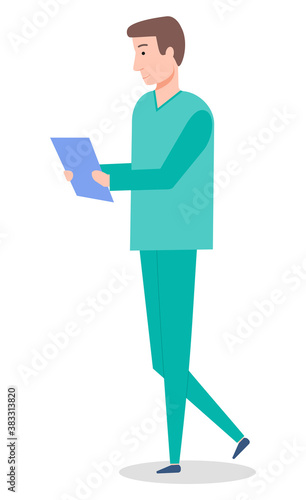 A man doctor holding a clip board isolated on white. Male character wearing medical clothes goes to meet the patient in clinic. Medical worker in a doctor s suit with an appointment sheet in hands
