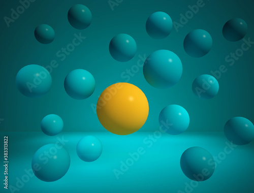 3D rendering.Outstanding yellow ball distant blure ball .minimall concept.